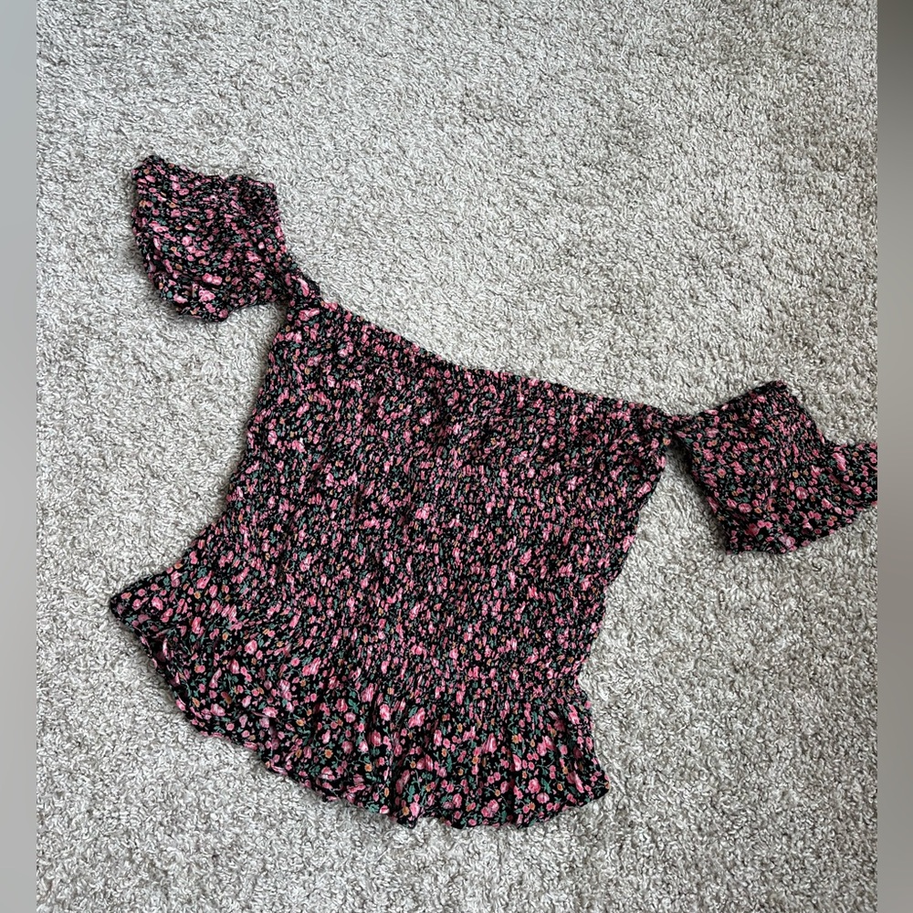 Urban Outfitters Black and Pink Floral Off the Shoulder Top
